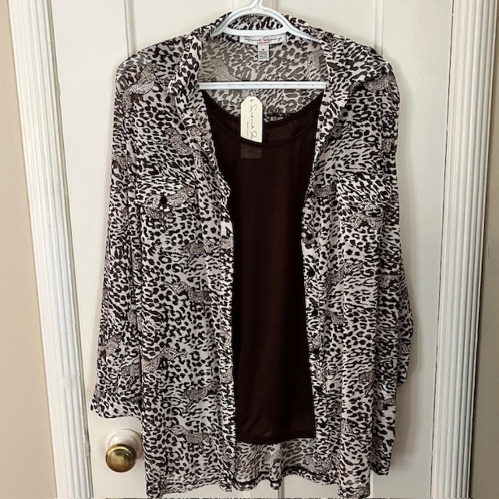 FRENCH LAUNDRY BROWN & WHITE SHEER CHEETAH PRINT BLOUSE, SEWN-IN TANK, 1X, NWT